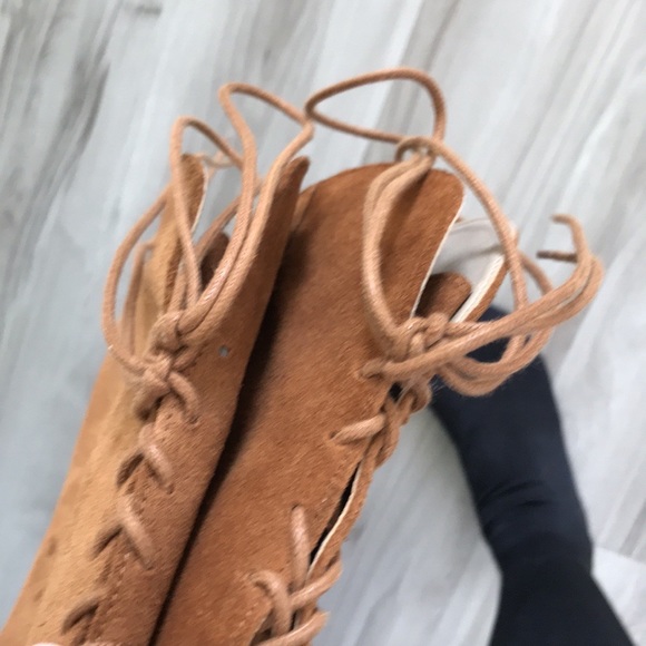 🤎 Zara Heeled Suede Lace Up Over Knee Boots Brown/Camel Hippie Boho Size 38 - Picture 8 of 17